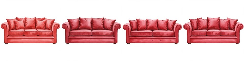 Fototapeta premium Red Velvet Sofa Set Illustration - Four red velvet sofas, isolated on white, symbolize comfort, luxury, home decor, relaxation, and