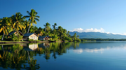 Fototapeta premium Tranquil Waterside Scene Featuring Traditional Houses Palm Trees Reflecting In Clear Water Under Bright Blue Sky