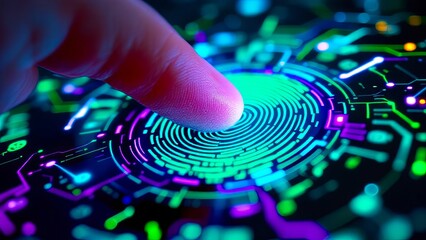 A fingerprint scan on a futuristic circuit board. Biometric security with neon lights emphasizing data and identity verification.