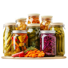 Jars of pickled vegetables, featuring a variety of colorful preserved vegetables in glass jars with lids, isolated