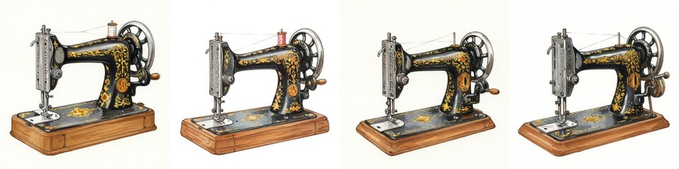 Antique Sewing Machine Illustration Watercolor Art - Vintage sewing machine, craftsmanship, history, textile art, needlework. Symbolizing heritage, creativity, artistry, precision, and domestic life