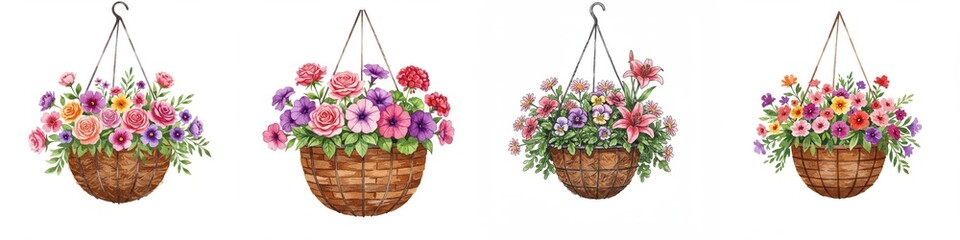 Obraz premium Watercolor Hanging Baskets of Flowers Illustration - Colorful floral arrangement, spring blooms, hanging basket, garden decor, vibrant colors. Symbolizing beauty, growth, nature, home, and serenity