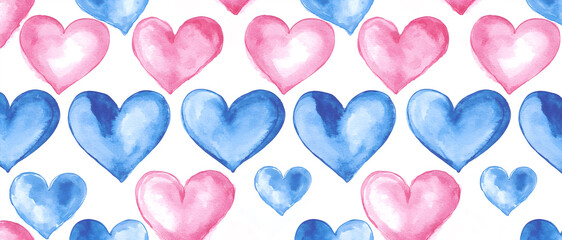 Watercolor heart pattern in pink and blue on a white background. Gender reveal party theme.