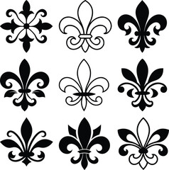 Elegant Fleur-de-lis Design Collection for Decorative Use.A set of nine distinct fleur-de-lis designs in black and white.