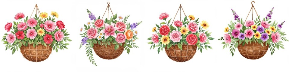 Obraz premium Watercolor Painting of Hanging Flower Baskets - Four charming watercolor paintings depict hanging baskets overflowing with vibrant blooms. These symbolize spring, beauty, growth, nature