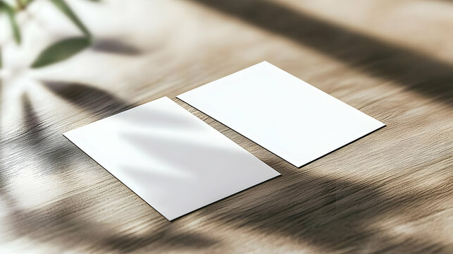 Two Blank White Business Cards Mockup On Wooden Desk With Natural Light And Plant Shadow For Branding Presentation 3D Rendering