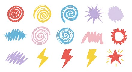 Colorful collection of hand-drawn abstract shapes, including swirls, zigzags, and lightning bolts.