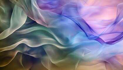 Fototapeta premium Satin fabric background with multicolored flowing folds. Soft and elegant textile in blue, purple, and beige shades. Abstract backdrop highlighting smooth texture and luxurious appearance.