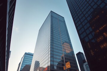 Obraz premium Modern Urban Skyline with Glass Office Buildings Against a Clear Sky