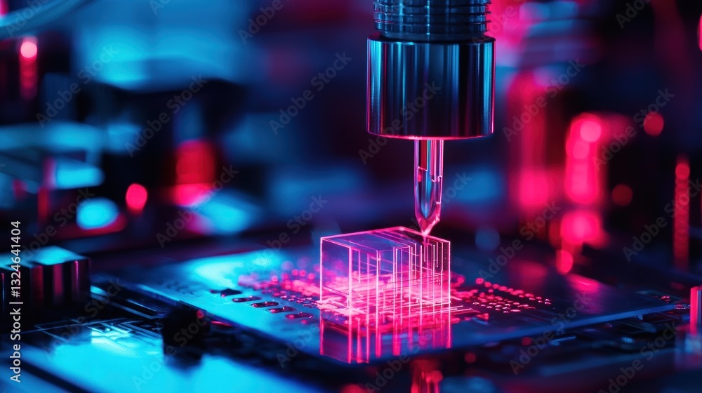 Poster microscopic view of a robotic arm precisely placing a transparent component onto a circuit board, il