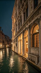 Naklejka premium Palazzo Grassi Venice: Historic Architecture on Grand Canal, Evening Twilight, Venetian Charm, Classic Building and Canal Reflections.
