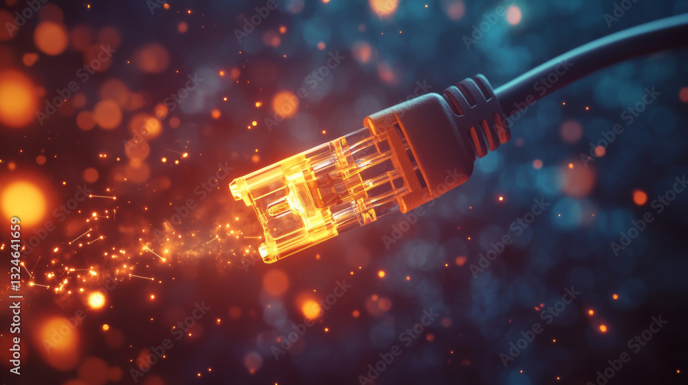 Poster abstract mash line and point ethernet cable in flames style on dark background with an inscription. 