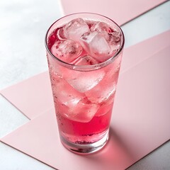 A stylish pink-themed setup featuring a glass of iced rose lemonade with a fresh floral garnish. The drink captures the essence of summer with its cooling and aromatic properties