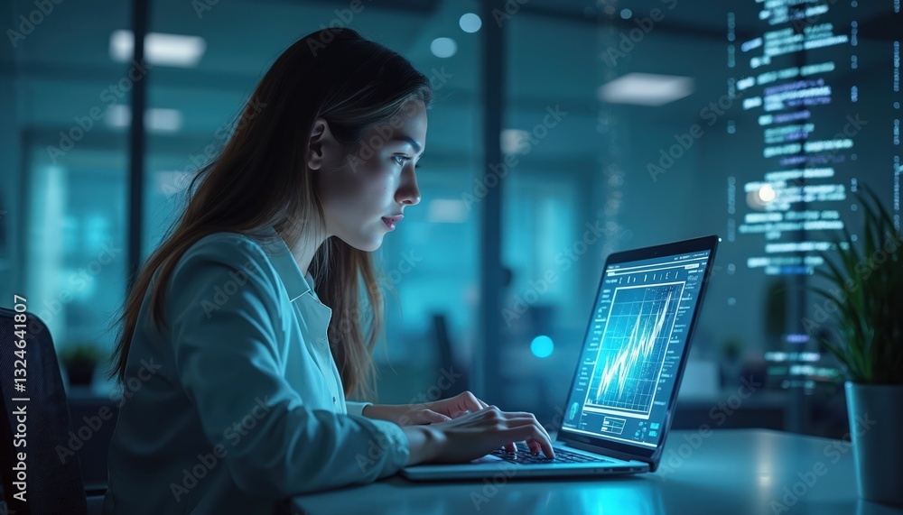 Aufkleber Young woman analyzes data on laptop in modern office. Software developer works with analytic charts. Data science specialist looks at code. IT engineer plans cybersecurity strategy, using laptop.