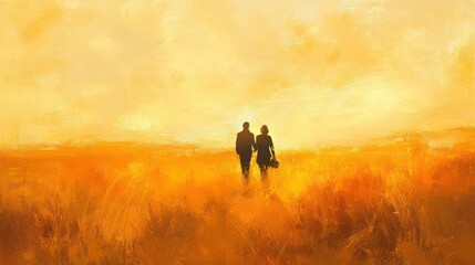 A couple walking through a golden field at sunset