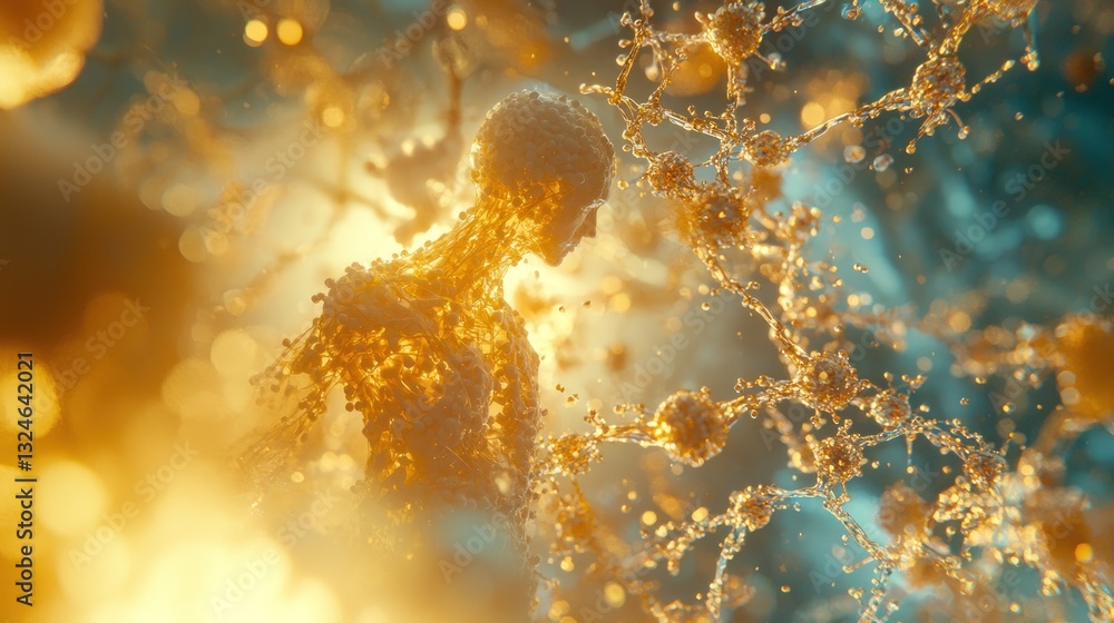 Poster abstract figure dissolving into golden particles, surrounded by swirling fluid.