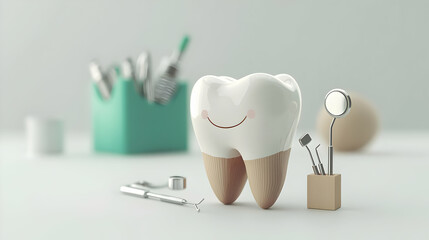3D Render of a Cute Smiling Tooth With Dental Tools on a Clean White Background in a Brightly Lit Setting