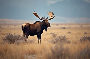 Fototapeta premium Moose stands in field with yellow grass in Grand Teton National Park. Large wild animal with antlers in wilderness of Yellowstone. Nature photo of bull elk in natural habitat.