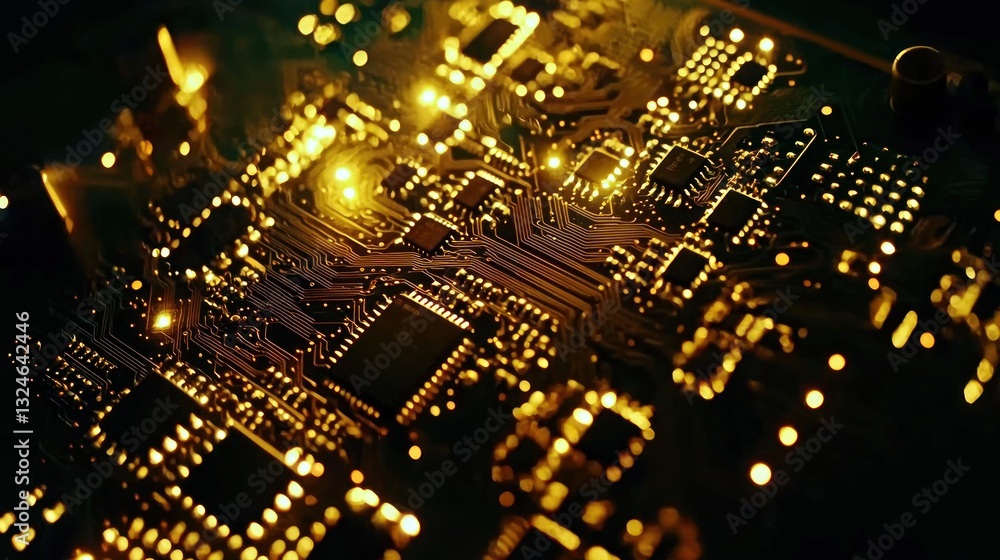 Poster close-up of illuminated circuit board with microchips and traces.