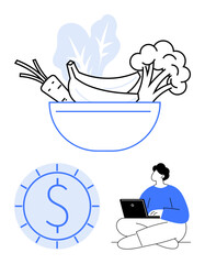 Fruits and vegetables in bowl, large dollar coin, person sitting with laptop. Ideal for health, wellness, nutrition, budgeting, finance remote work and sustainability. Flat simple metaphor