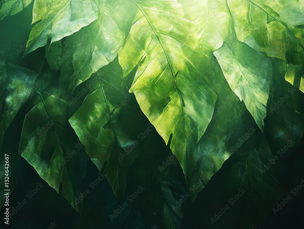 Poster lush green leaves with soft light creating a calming atmosphere for nature and botanical themes in p