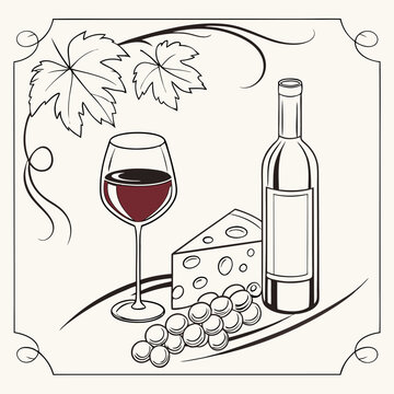 wine glass, bottle, cheese, grapes still life clip art preview