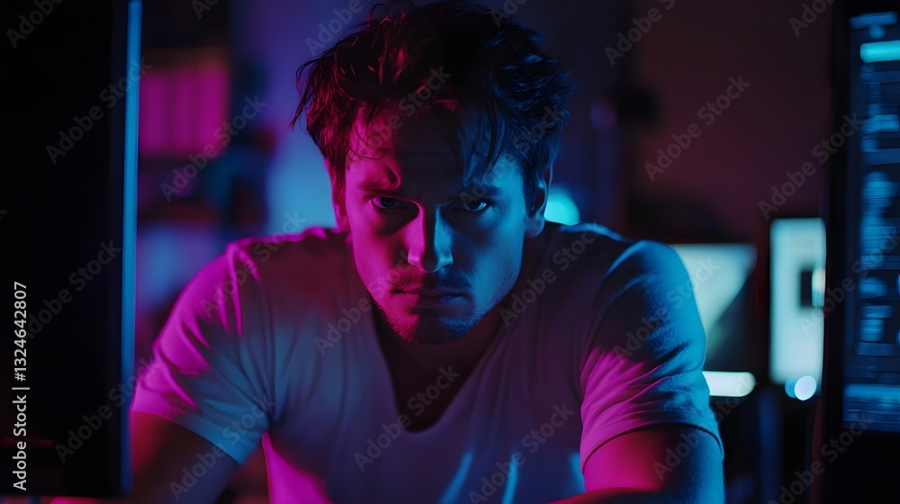 Poster man concentrating on computer screen in neon light