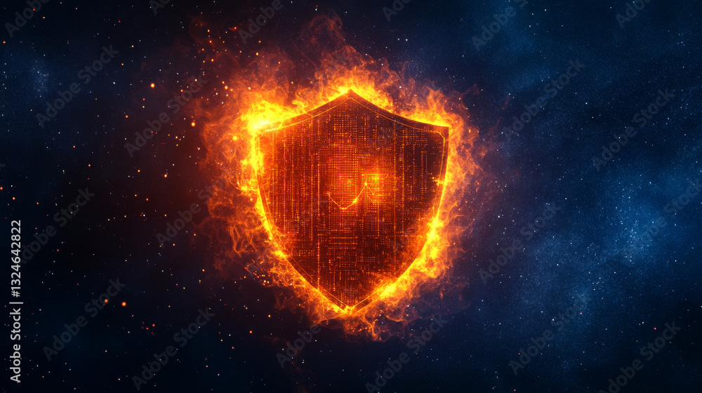 Poster abstract mash line and point shield in flames style on dark background with an inscription. business