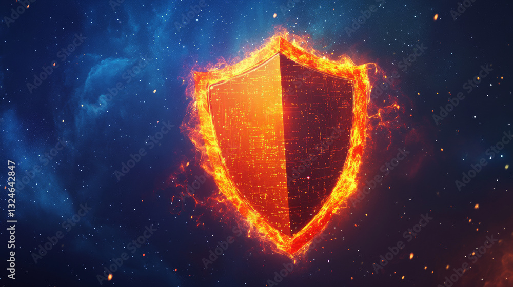 Poster abstract mash line and point shield in flames style on dark background with an inscription. business