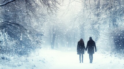 A couple walks together in a snowy winter landscape