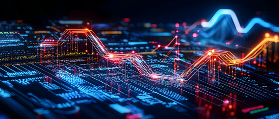 Dynamic Data Visualization With Red And Blue Neon Glowing Lines On Dark Background Representing Complex Data Analysis And Technological Advancements