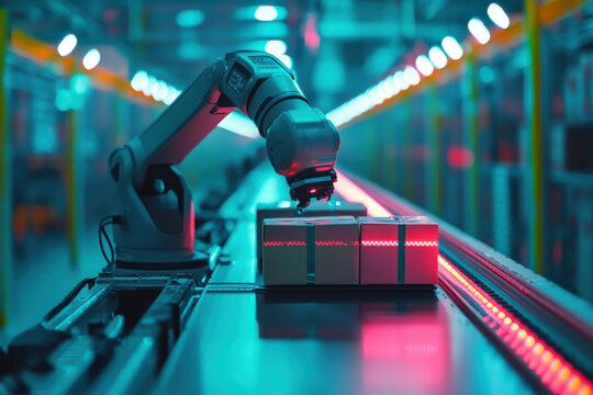 Mechanical arm picks up boxes on conveyor belt. Warehouse lighting and automated distribution. Modern industrial technology and robotic sorting of items. Futuristic neon glow on packages.