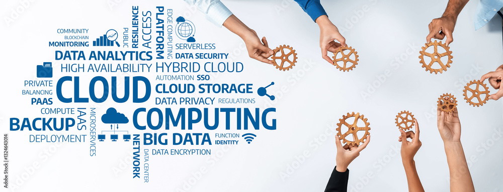 Poster a diverse team collaborates on cloud computing and data analytics concepts, showcasing gears symboli