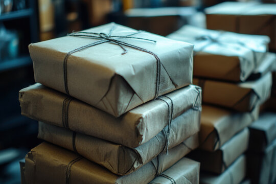 Stack of wrapped packages. Brown paper covers square boxes. Thin string ties each parcel. Several parcels are piled high. Indoor scene with dim lighting.