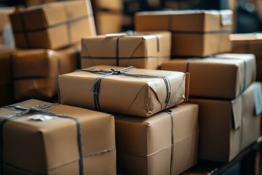 Stacks of brown paper packages. Parcels tied with string are piled high in dim warehouse. Close up of delivered wrapped goods.