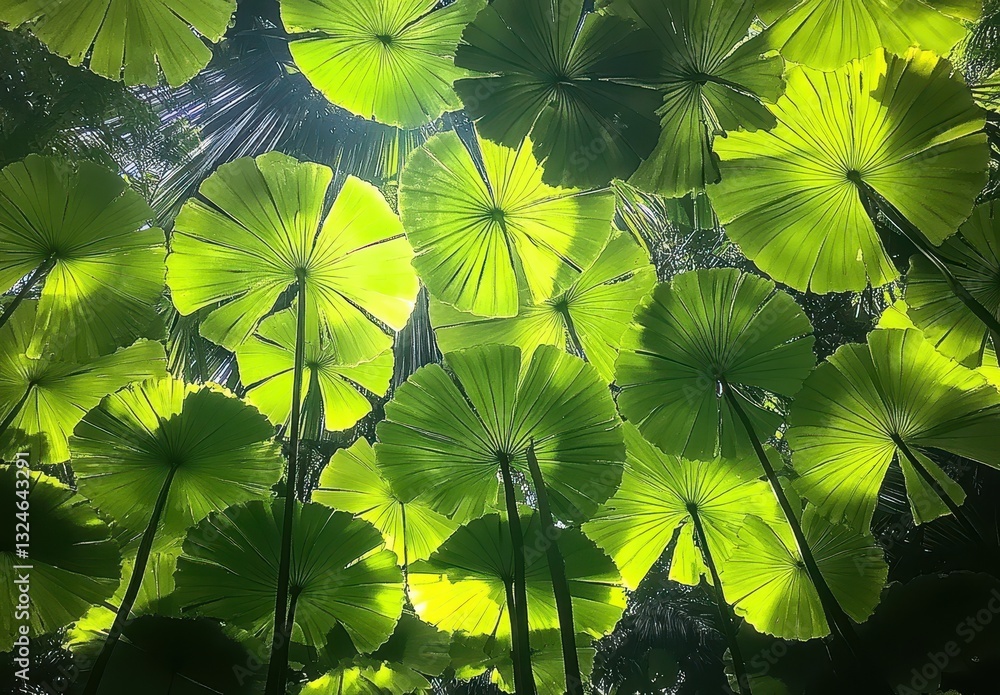 Poster lush green lily pads under bright sunlight creating a unique canopy effect in a tropical forest sett