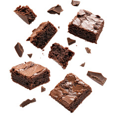 Pieces of chocolate brownies floating or falling in mid air, isolated