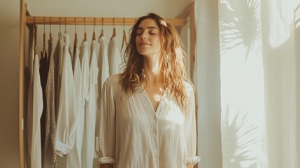 Obraz premium Woman enjoying sunlight in a cozy indoor space surrounded by hanging garments