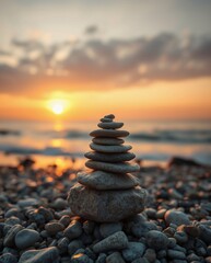 Serene Sunset with Stacked Stones on Pebble Beach
