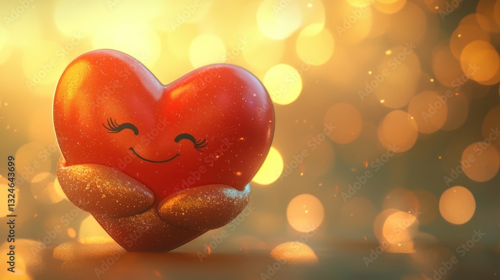 Poster happy red heart with golden hands hugging itself against a bokeh background.