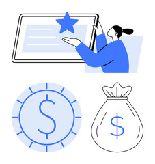 Person interacting with document and star, coin with dollar sign, bag of money. Ideal for finance, success, savings, investment, profit recognition teamwork. Flat simple metaphor