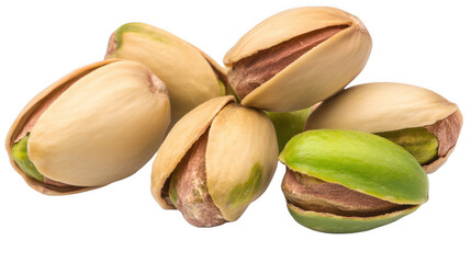 A vibrant cluster of pistachios showcasing their natural colors, isolated on a transparent background.