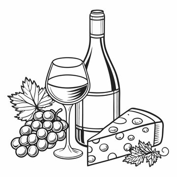 wine bottle, glass, grapes, cheese still life clip art preview