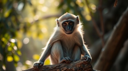 Fototapeta premium Captivating Portrait of a Young Monkey perched on a Tree Branch in Lush Greenery
