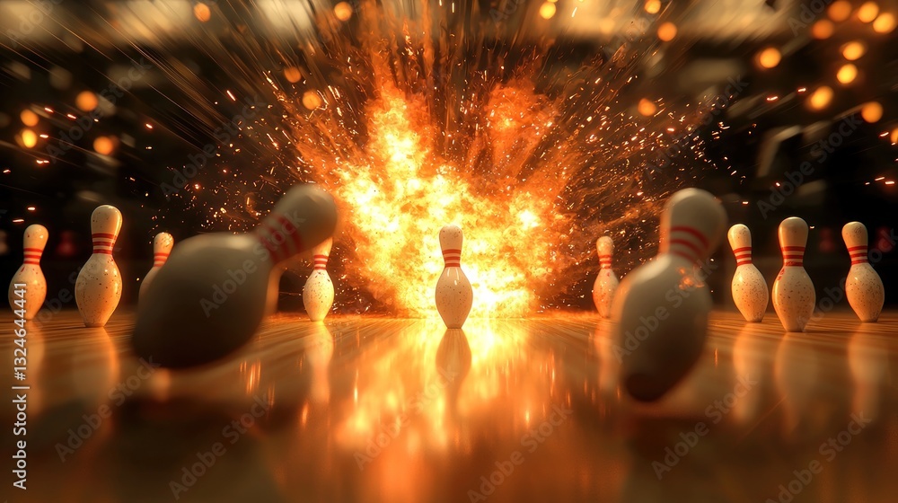 Poster bowling pins exploding in fiery strike.