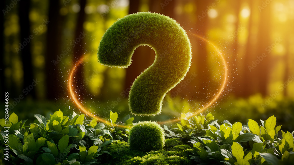 Poster green moss question mark in a forest setting, surrounded by lush greenery and a glowing orange circl