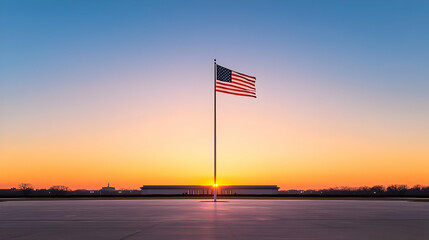 American Flag Waving On Tall Pole Silhouette Against Dramatic Sunset Sky Reflected On Water Surface