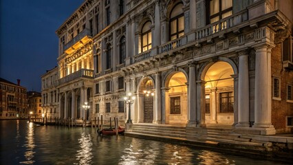 Fototapeta premium Palazzo Grassi Venice: Historic Architecture on Grand Canal, Evening Twilight, Venetian Charm, Classic Building and Canal Reflections.
