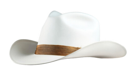 A stylish white cowboy hat with a brown band, isolated on a transparent background, perfect for western-themed designs.