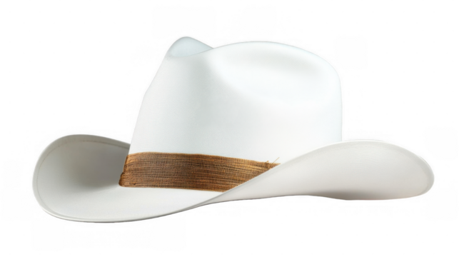 A stylish white cowboy hat with a brown band, isolated on a transparent background, perfect for western-themed designs.